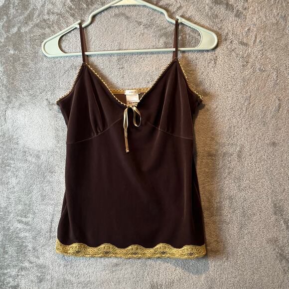 Y2K Velvet Brown Lace Trim Tank Top With Bow Women's Size Small Baby Doll Tank - Picture 1 of 6